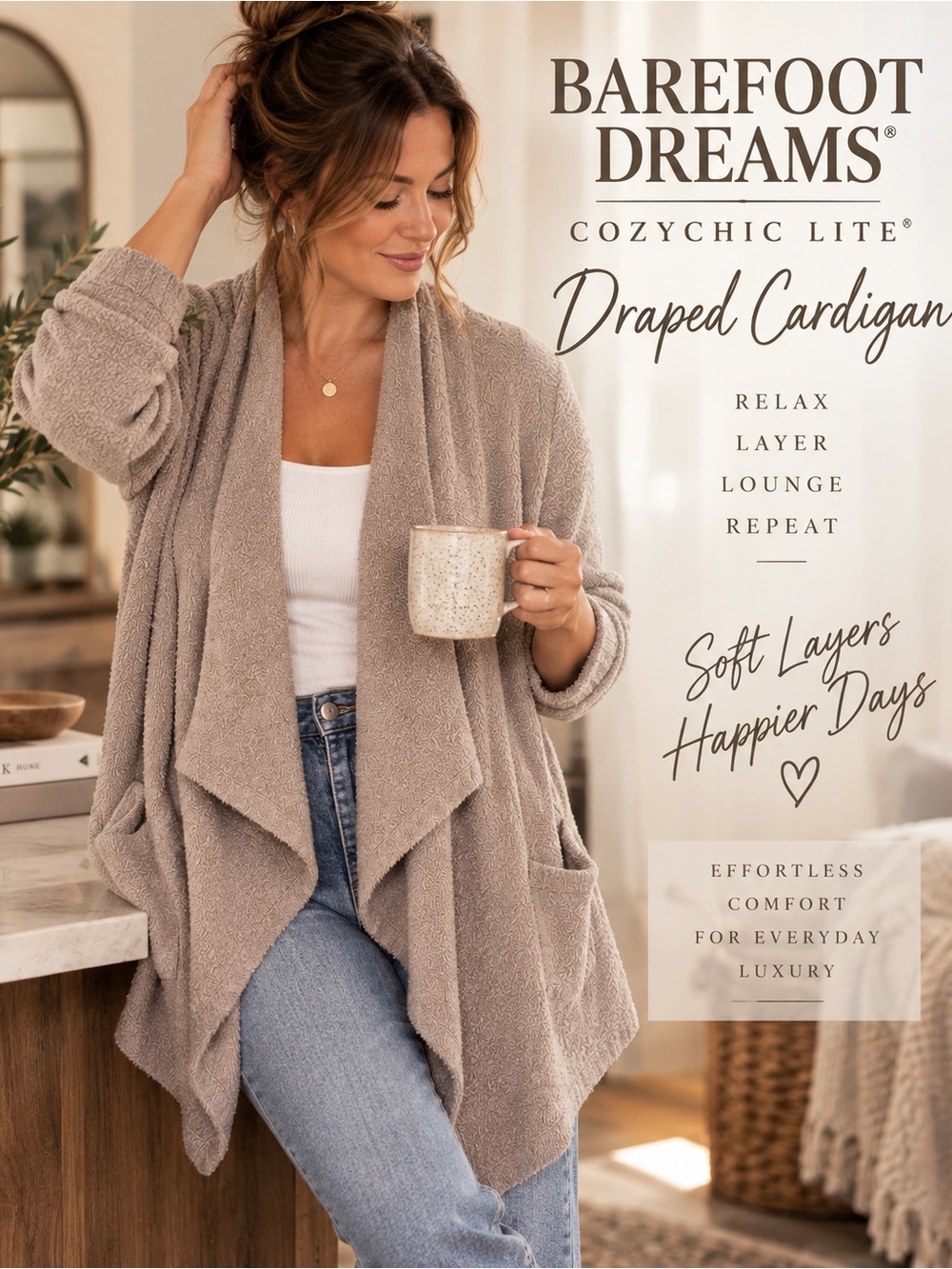 Barefoot Dreams CozyChic Lite Draped Cardigan Taupe S/M NWT